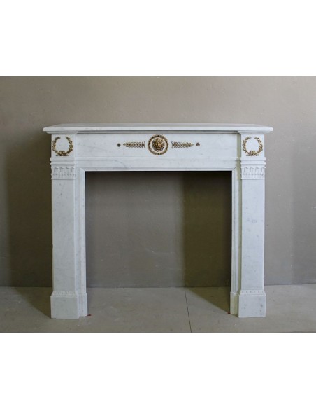 Camino antico neoclassico scolpito in marmo Bianco Carrara con inserti in bronzo dorato raffiguranti foglie d'ulivo e leoni.