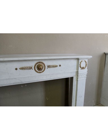 Camino antico neoclassico scolpito in marmo Bianco Carrara con inserti in bronzo dorato raffiguranti foglie d'ulivo e leoni