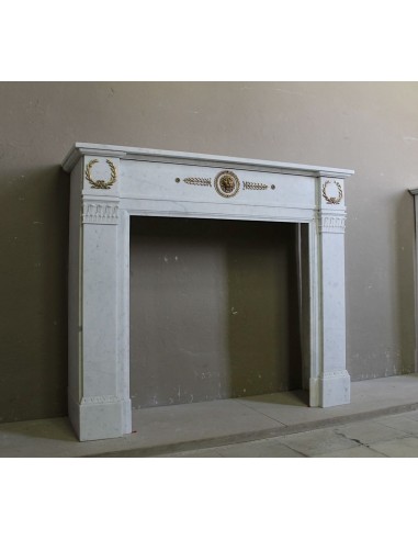 Camino antico neoclassico scolpito in marmo Bianco Carrara con inserti in bronzo dorato raffiguranti foglie d'ulivo e leoni