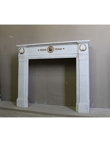 Camino antico neoclassico scolpito in marmo Bianco Carrara con inserti in bronzo dorato raffiguranti foglie d'ulivo e leoni