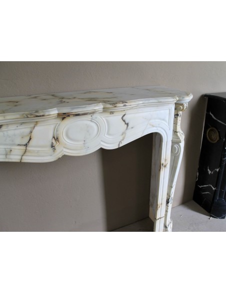 Camino Luigi XV Pied Galbé scolpito in marmo Paonazzetto. Un camino raffinatissimo in un marmo strepitoso.