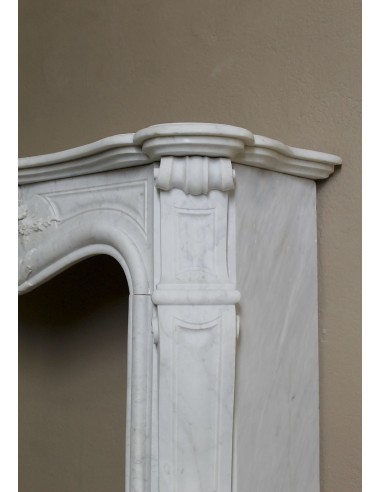 Elegante e ricercato camino in marmo bianco "Pied Galbé" con tripudio di elementi floreali scolpiti nel centro del frontale.