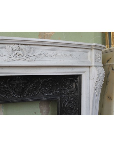 234 AG ECCEZIONALE CAMINO LUIGI XVI "RAMEAU D'OLIVIER ARRONDI" SCOLPITO IN MARMO BIANCO DI CARRARA