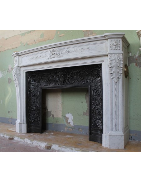 234 AG ECCEZIONALE CAMINO LUIGI XVI "RAMEAU D'OLIVIER ARRONDI" SCOLPITO IN MARMO BIANCO DI CARRARA